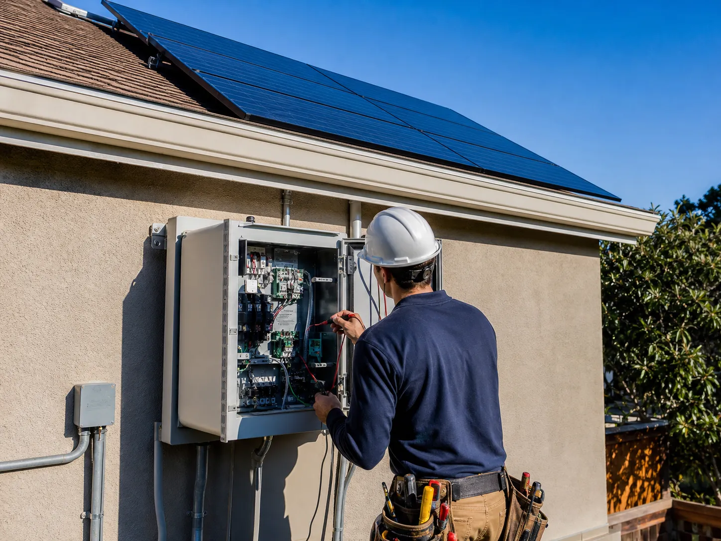 Técnico inspecionando instalação de painéis solares